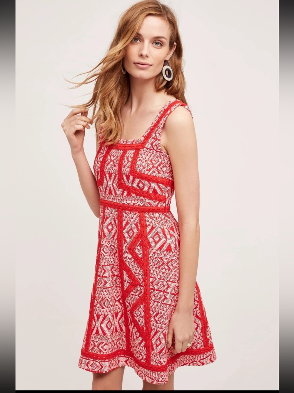 NWT Anthropologie Red Patterned Sleeveless Fit-and-Flare Dress